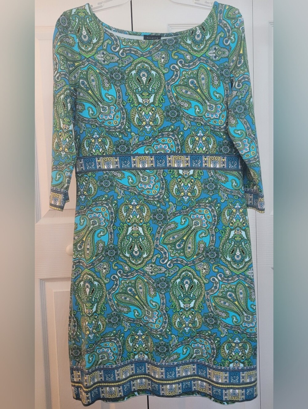Talbots Teal and Green Paisley Boatneck 3/4 Sleeve Dress